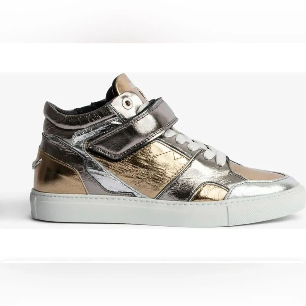 NEW Zadig & Voltaire Silver Gold Mid Top Flash Vintage Metallic Mix Sneakers 6.5